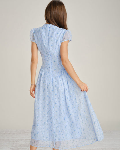 Blue Floral Jacquard Mock Neck Maxi Dress - view 4