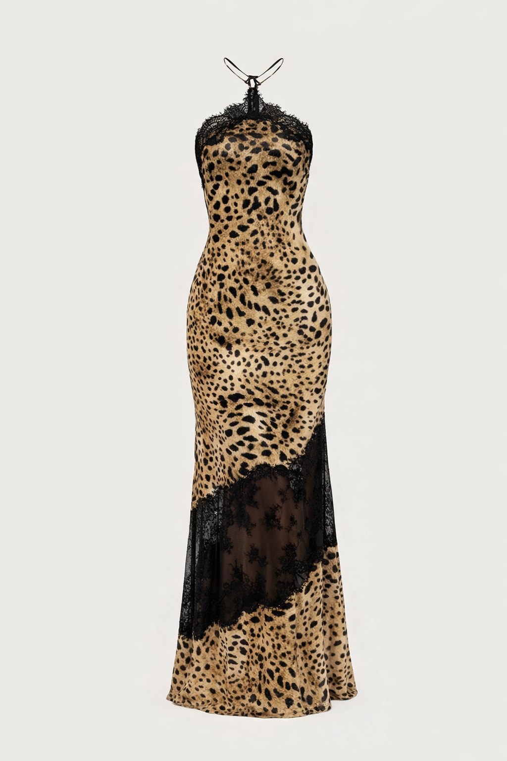Satin Maxi Dress With Halter Neck And Lace Detail - 1