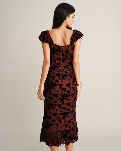 Wine Red Floral Ruffle Mermaid Midi Dress - view 4