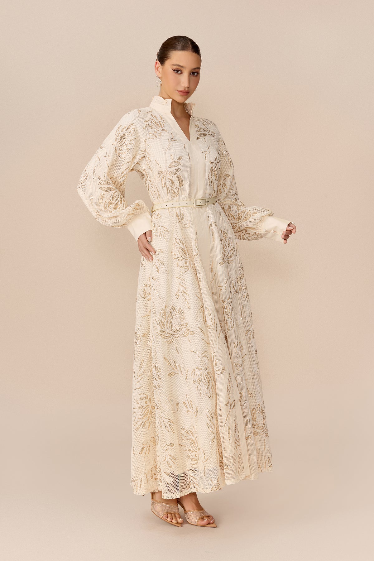 Beige sequin floral maxi dress with stand collar - view 5