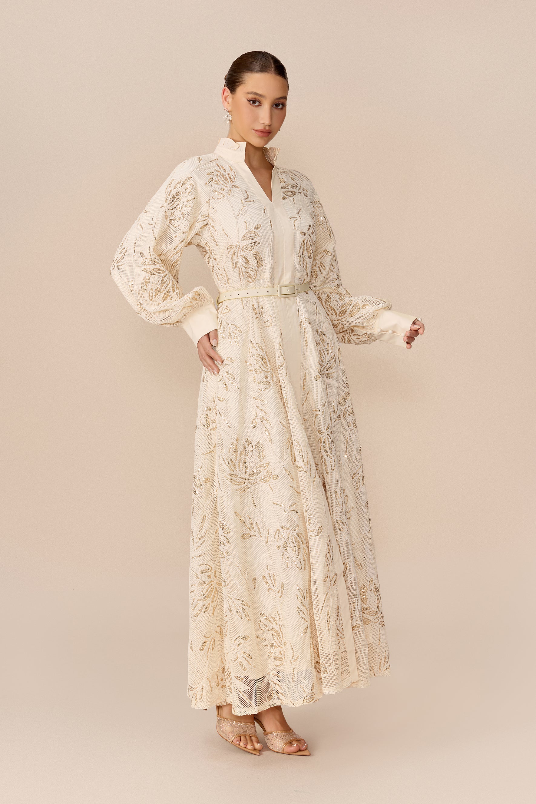 Beige sequin floral maxi dress with stand collar - view 5
