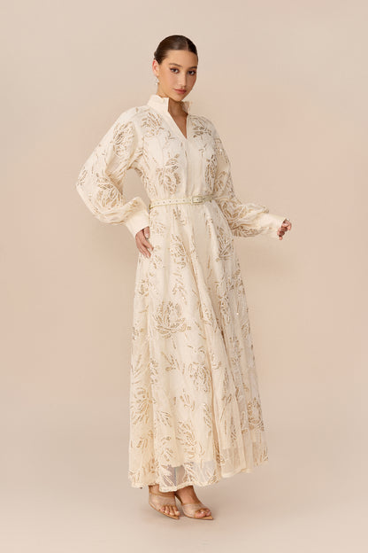 Beige sequin floral maxi dress with stand collar - view 5