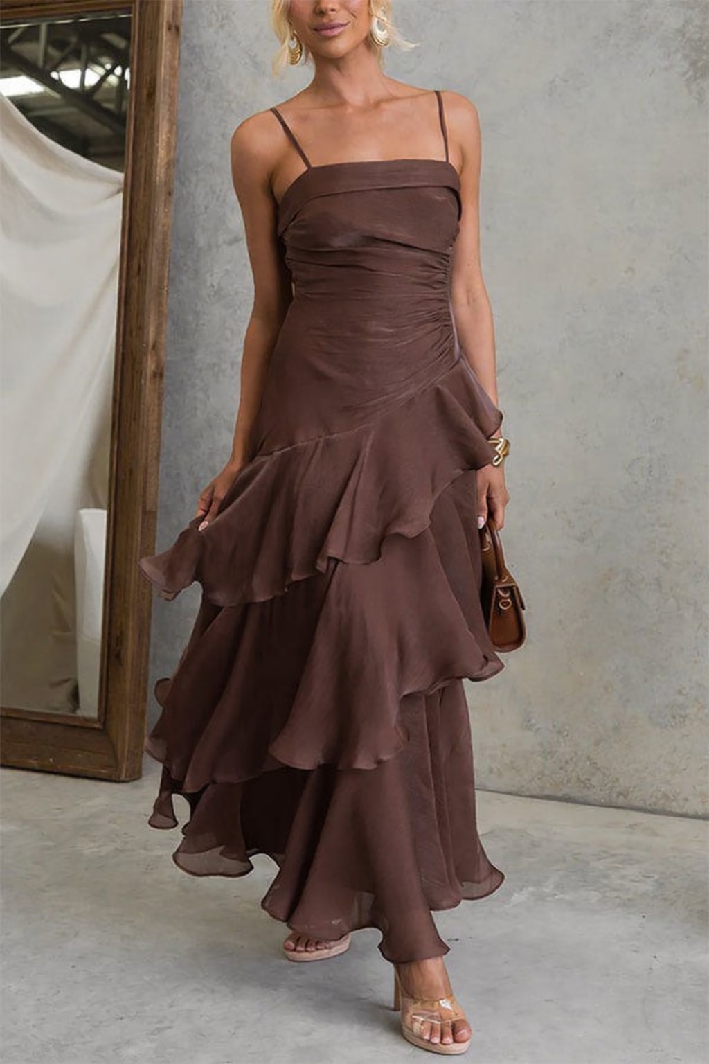 Polyester Maxi Dress With Square Neck And Ruffles - 7