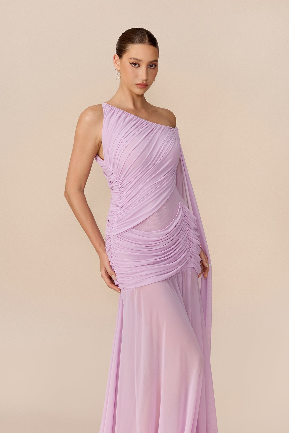 Mesh Maxi Dress With Asymmetric Cape Sleeve - 3