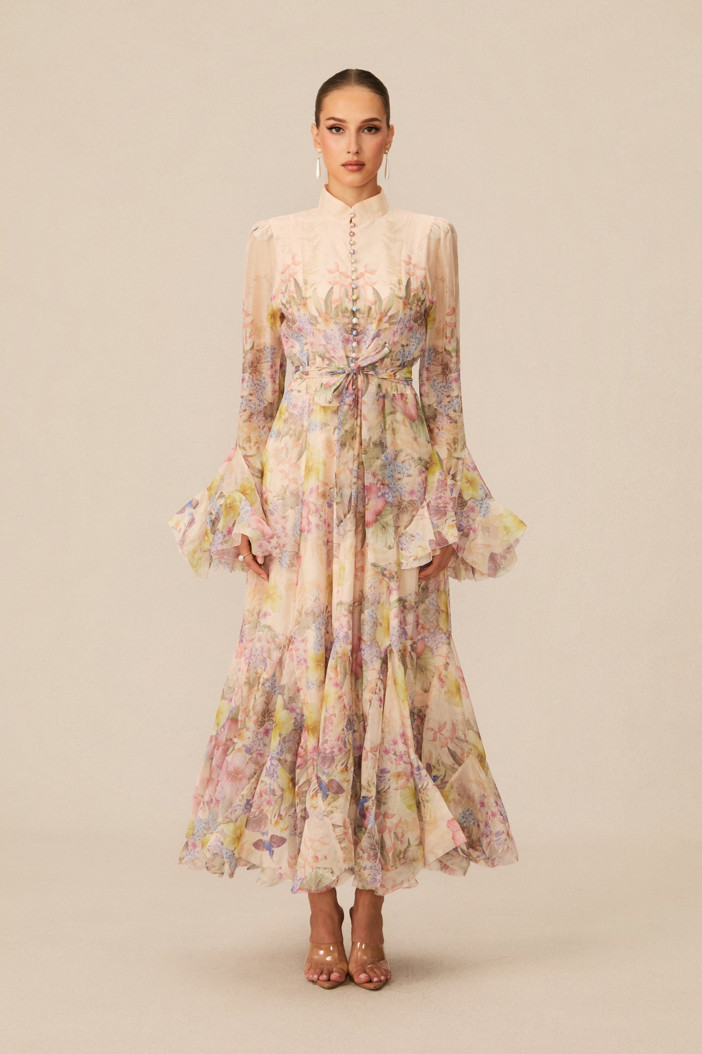 Floral Maxi Dress with Ruffle Cuffs and Tie Belt - view 2