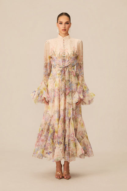 Floral Maxi Dress with Ruffle Cuffs and Tie Belt - view 2