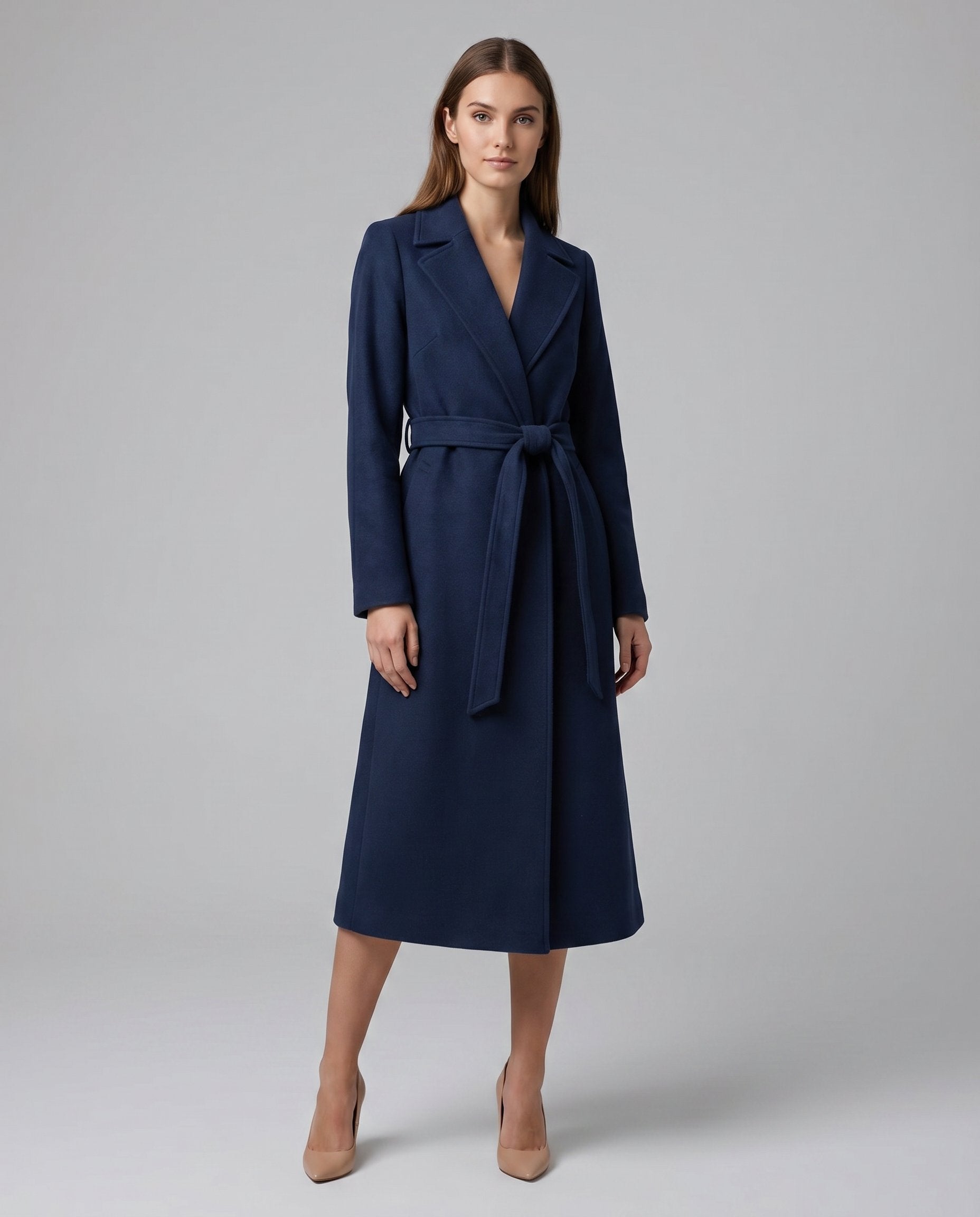 Navy wool blend trench coat with belted waist - view 4