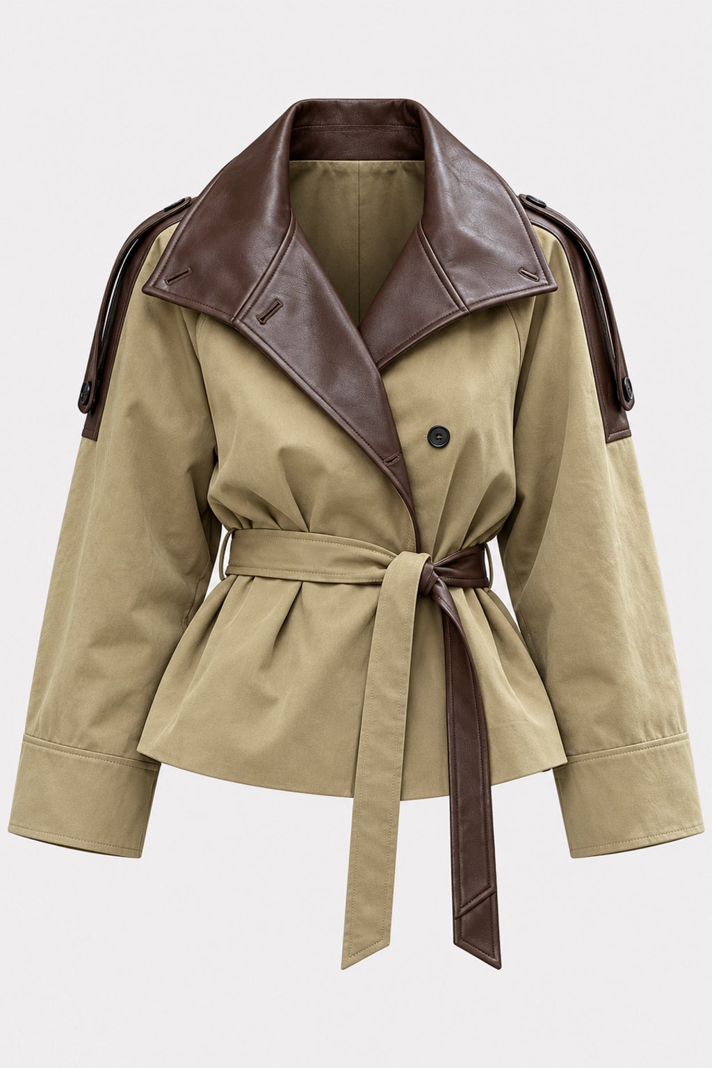 Faux Leather Trench Coat Belted Waist Short Jacket - 1