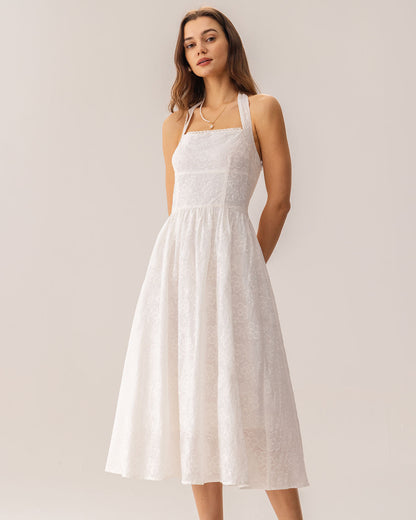 White Cotton Embroidered Halter Midi Dress - view 2