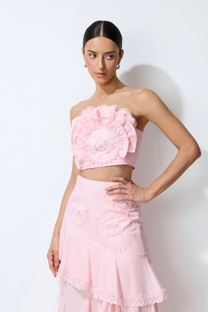 Pink Lace Crop Top and Tiered Maxi Skirt Set - view 3