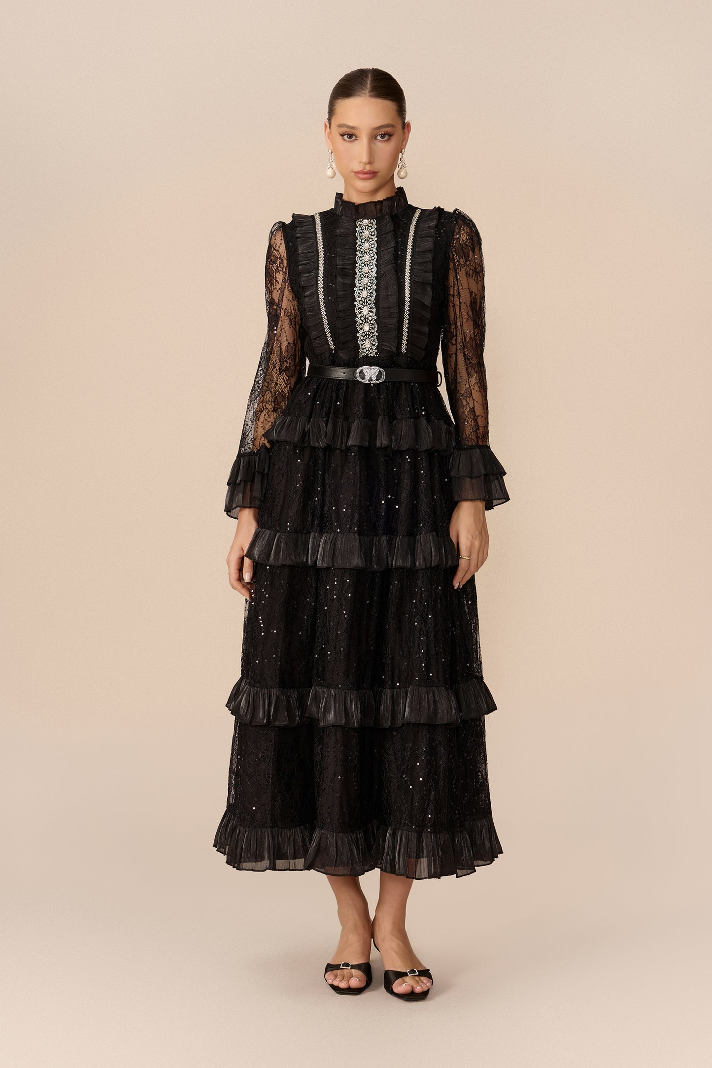 Ruffle Collar Tiered Lace Maxi Dress - view 5