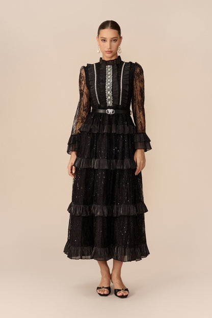Ruffle Collar Tiered Lace Maxi Dress - view 5