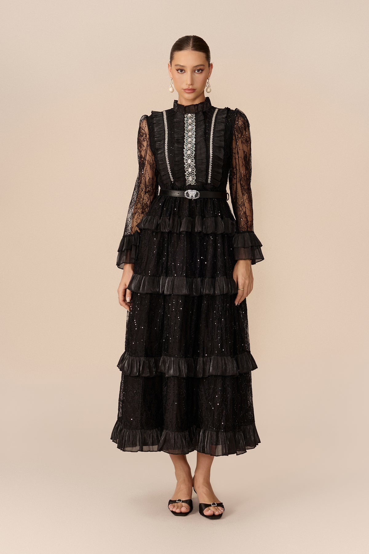 Belted Tiered Ruffle Lace Maxi Dress - view 2
