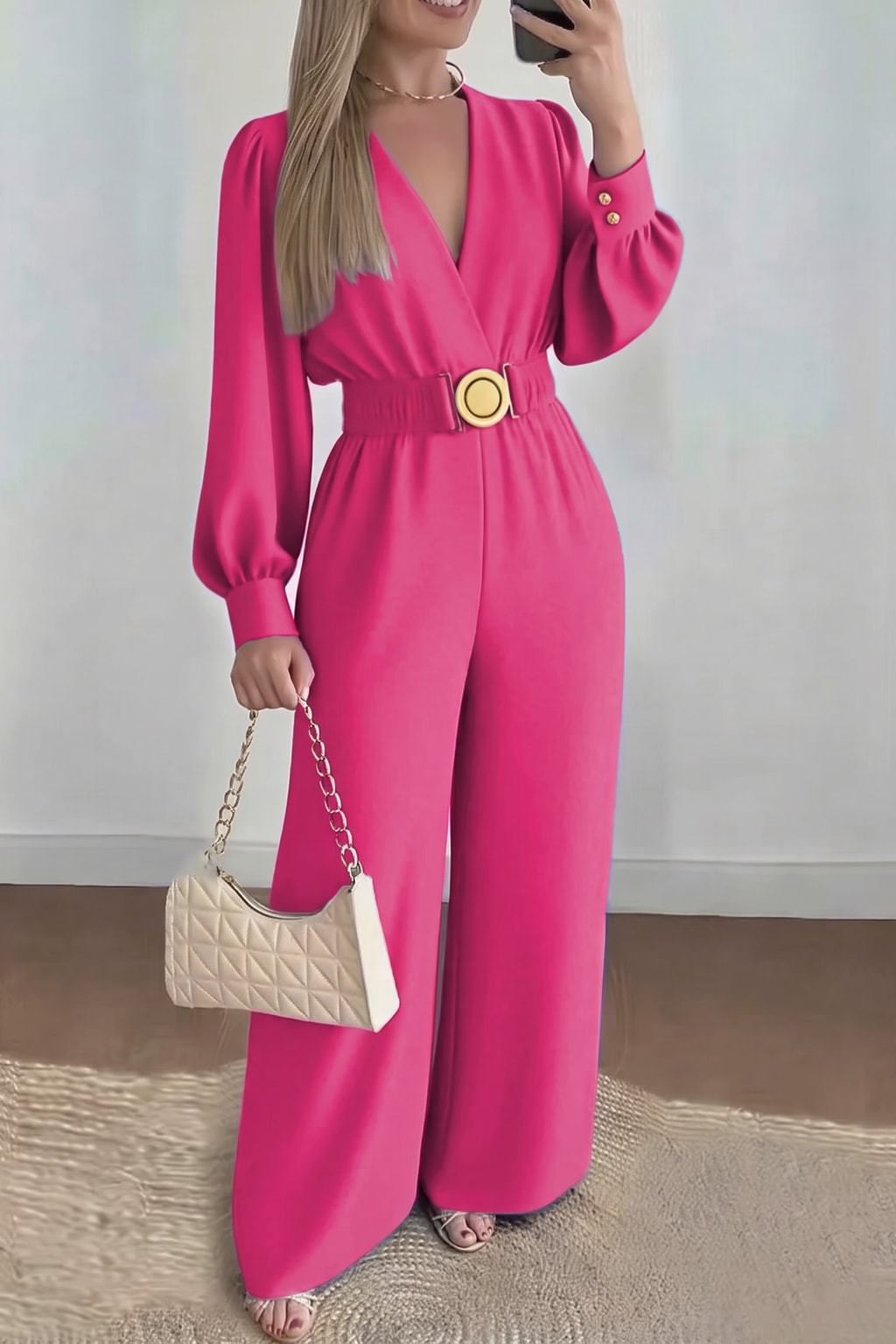 Cotton Long Sleeve Wide Leg Jumpsuit With Belt - 9