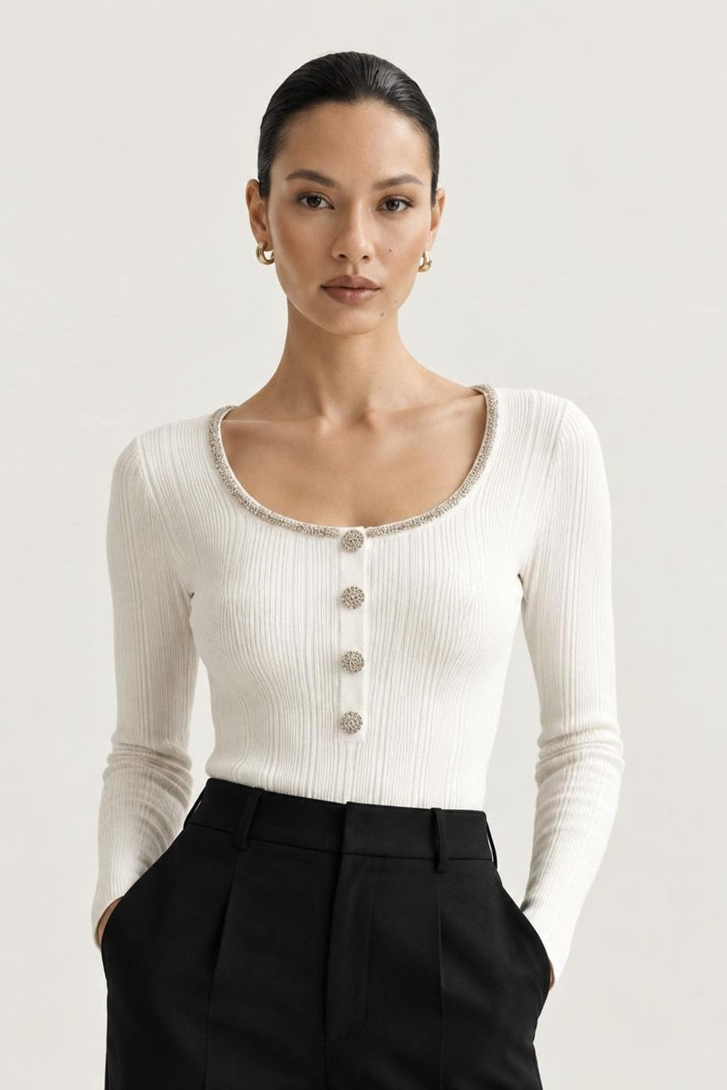 Viscose-Wool Blend Diamond-Embellished Scoop Neck Top - 2