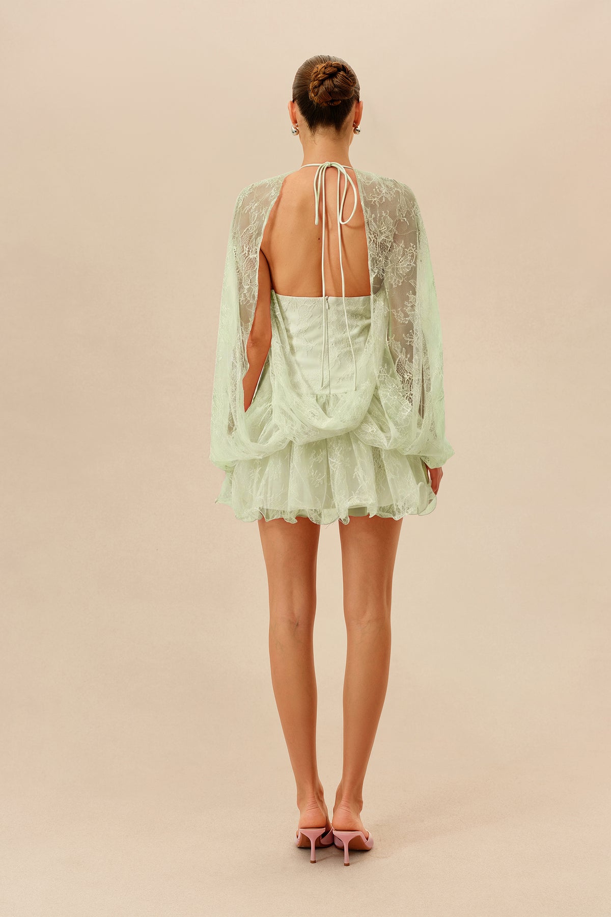 Light Green Lace Mini Dress with Cape Sleeves - view 4
