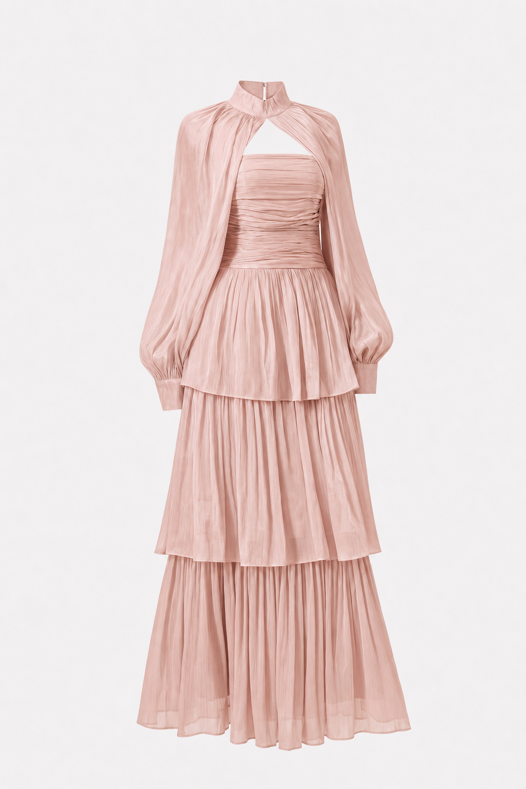 Pink Tiered Chiffon Maxi Dress with Puff Sleeves