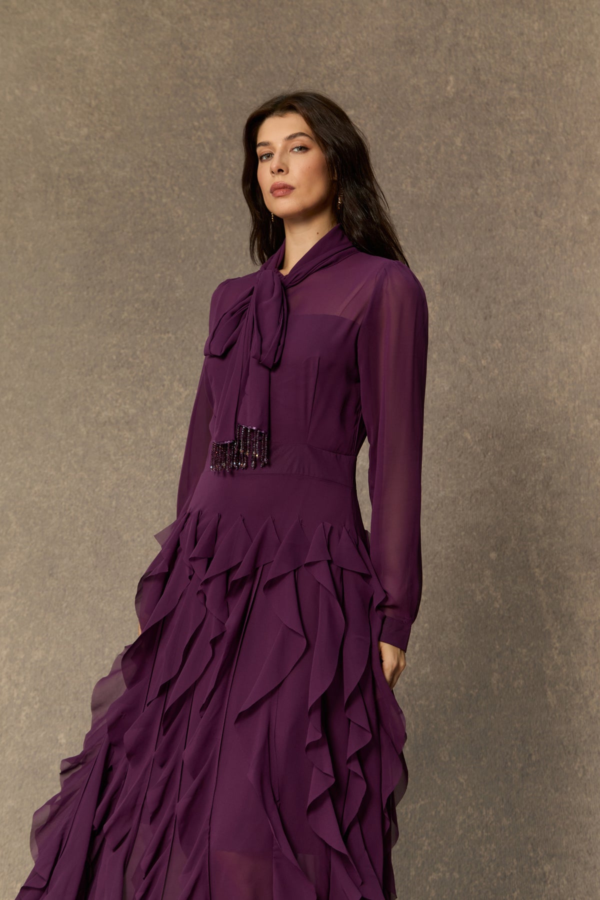 Purple tiered ruffle maxi dress with bow neck - view 6