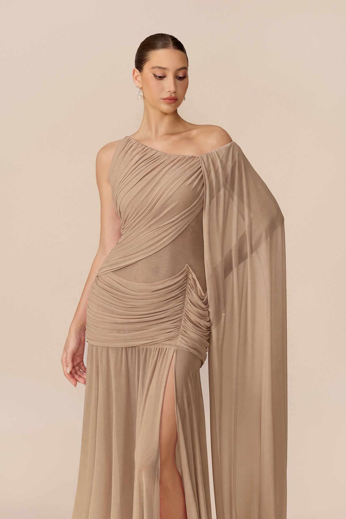 Draped Cape Sleeve Mesh Maxi Dress in Khaki - view 3