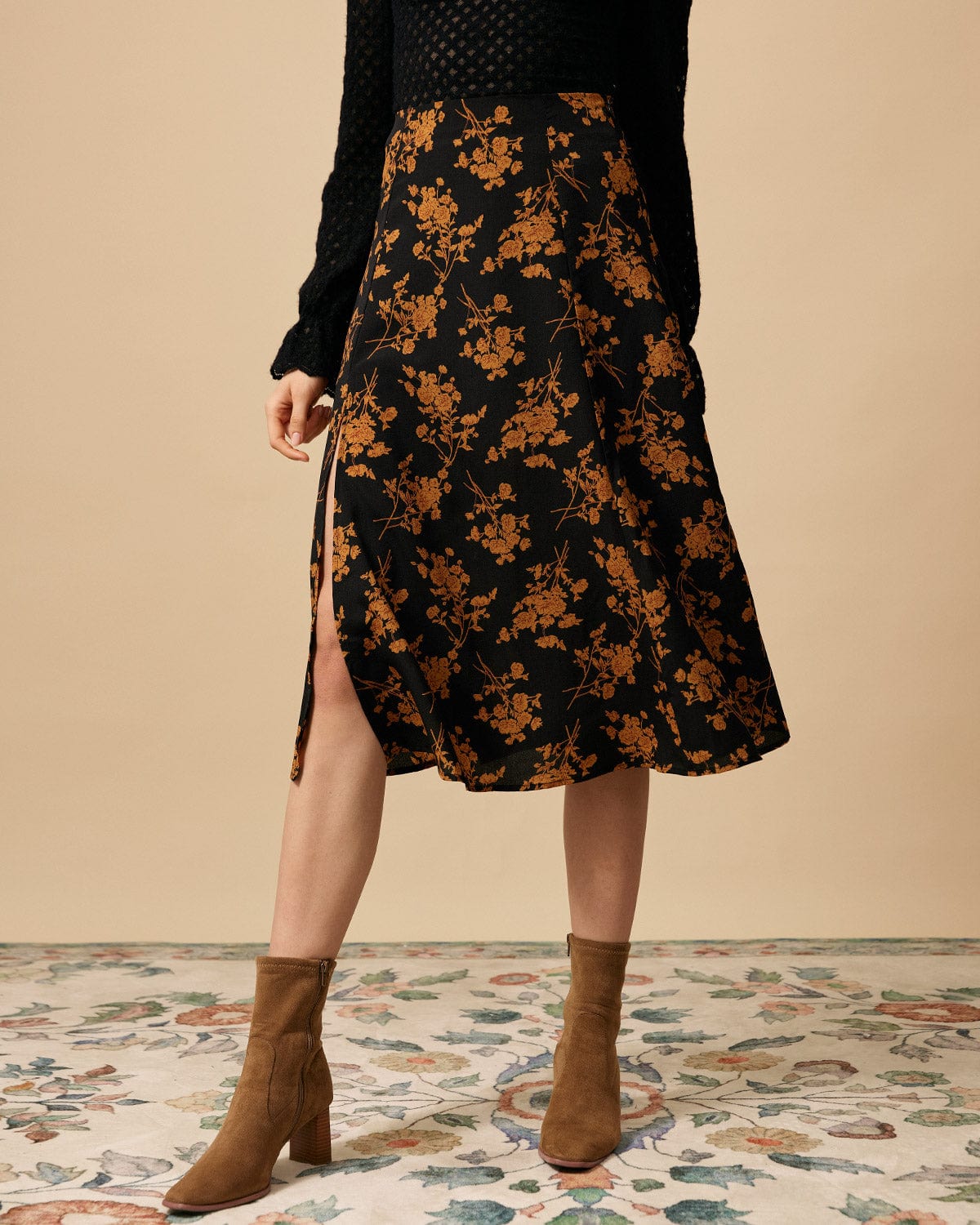 Black Floral High-Waist A-Line Midi Skirt - view 3