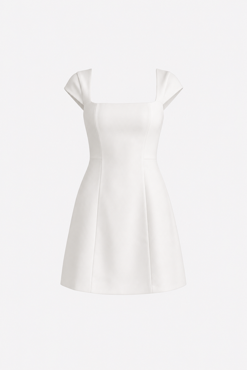 White satin A-line cap sleeve dress