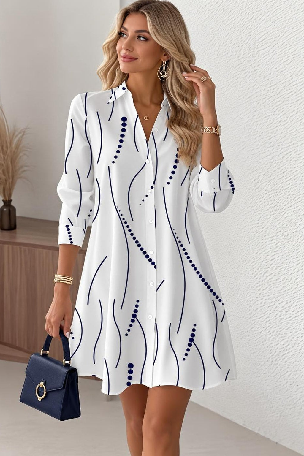 White Mini Shirt Dress with Long Sleeves - 2