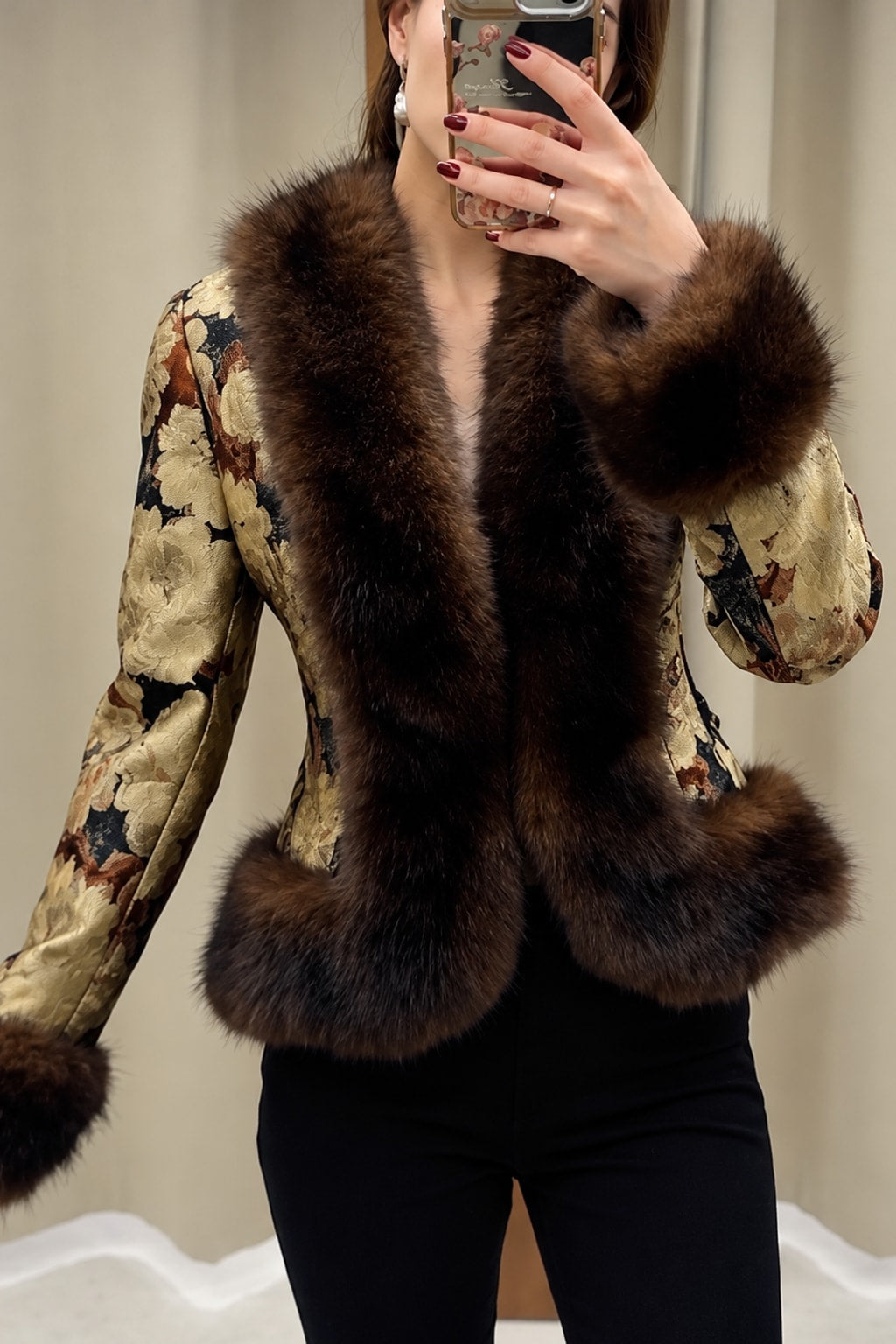 Jacquard Coat Vintage Floral Short Jacket With Faux Fur Trim - 4