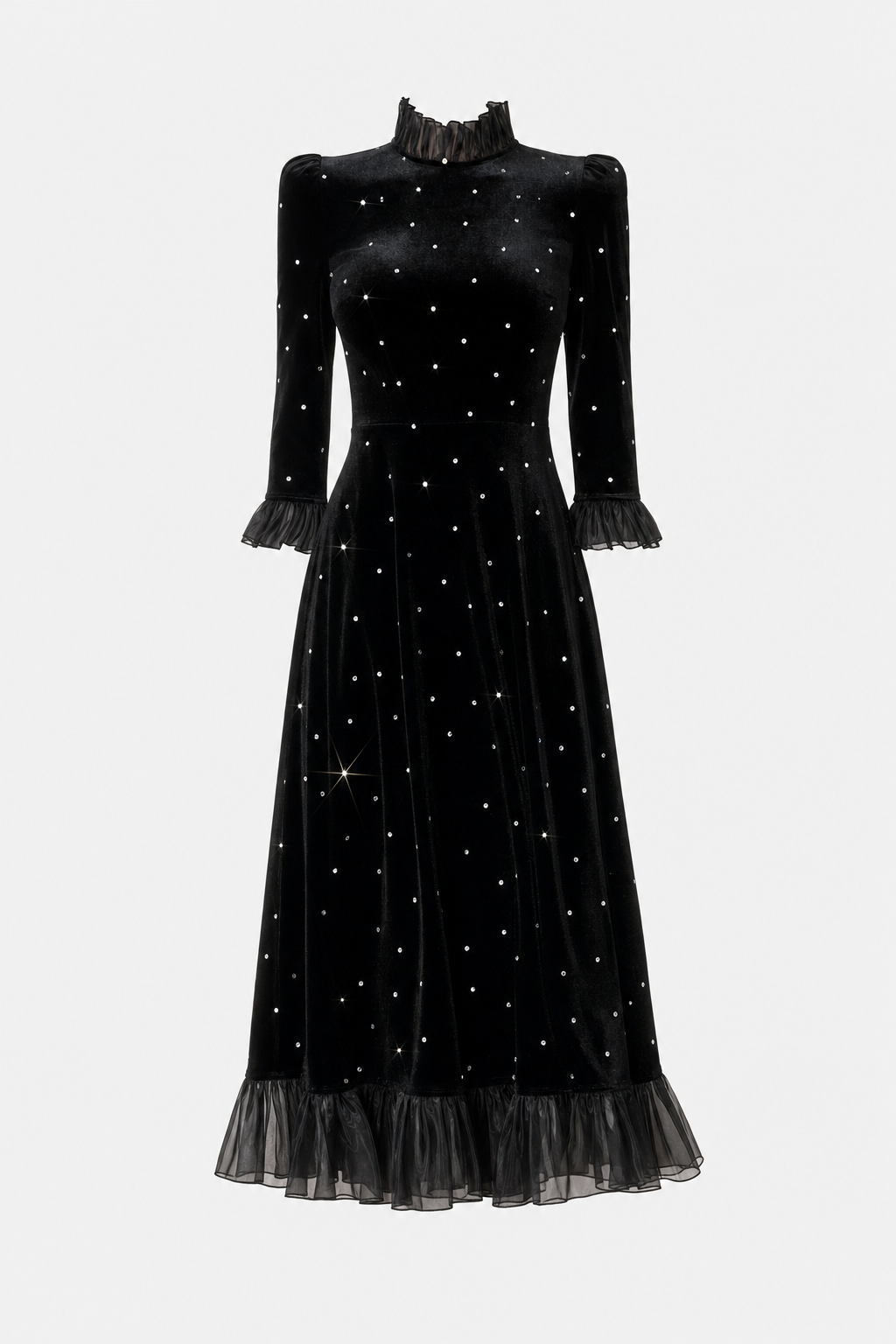 Black velvet diamante ruffle maxi dress