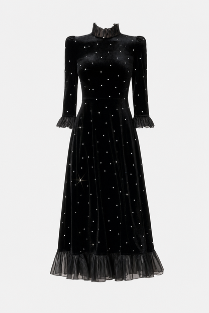 Black velvet diamante ruffle maxi dress