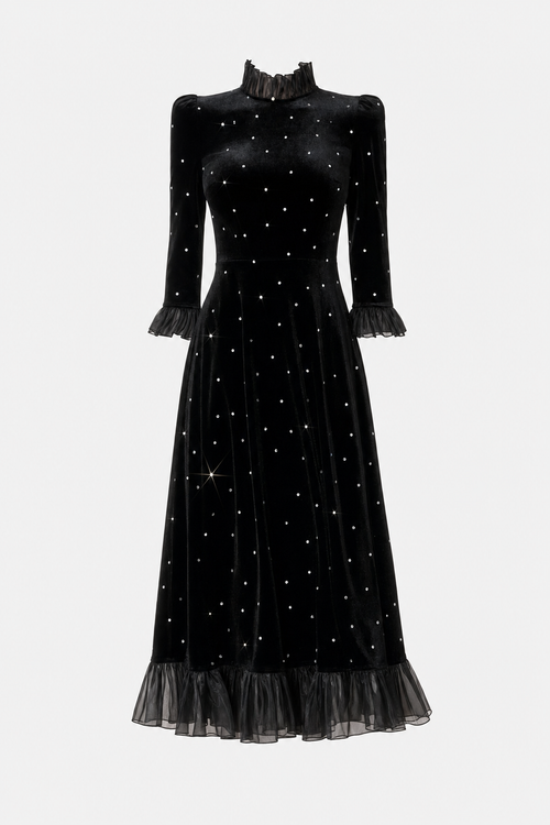 Black velvet diamante ruffle maxi dress