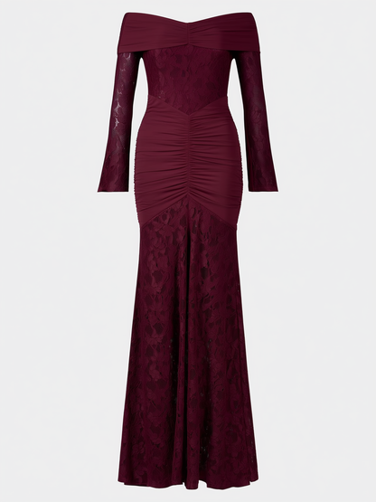 Off-Shoulder Pleated Lace Maxi Dress