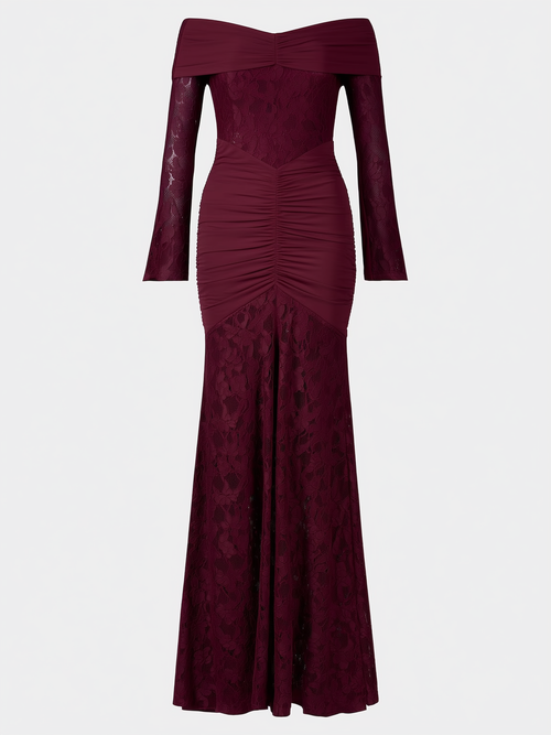 Off-Shoulder Pleated Lace Maxi Dress