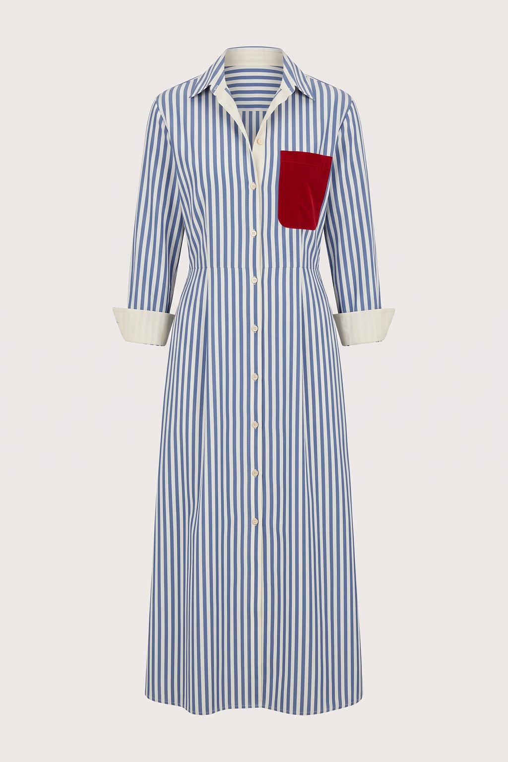 Cotton Blend Shirt Dress With Red Chest Pocket - 1