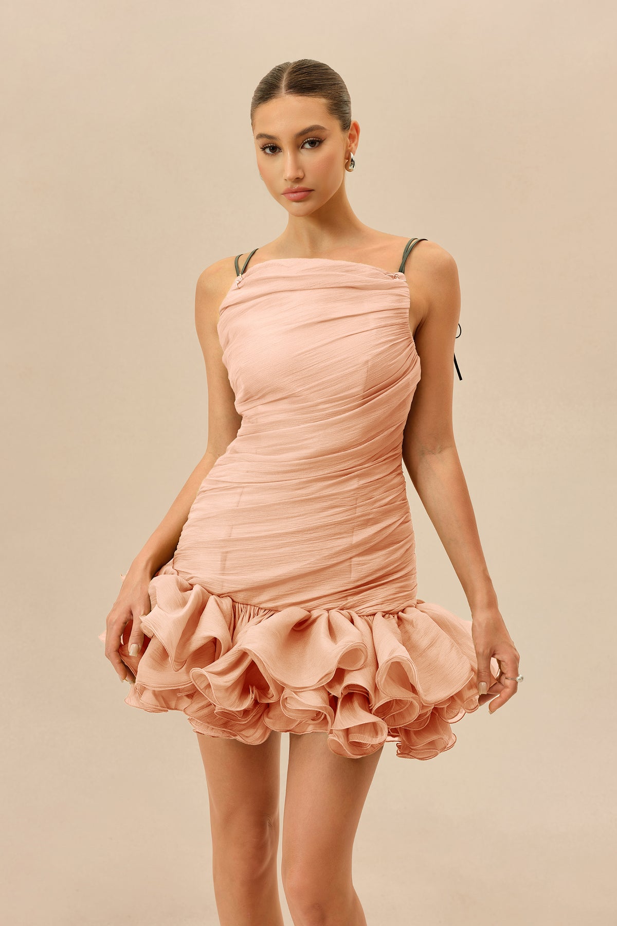 Pink Ruched Mini Dress With Ruffle Hem - view 3