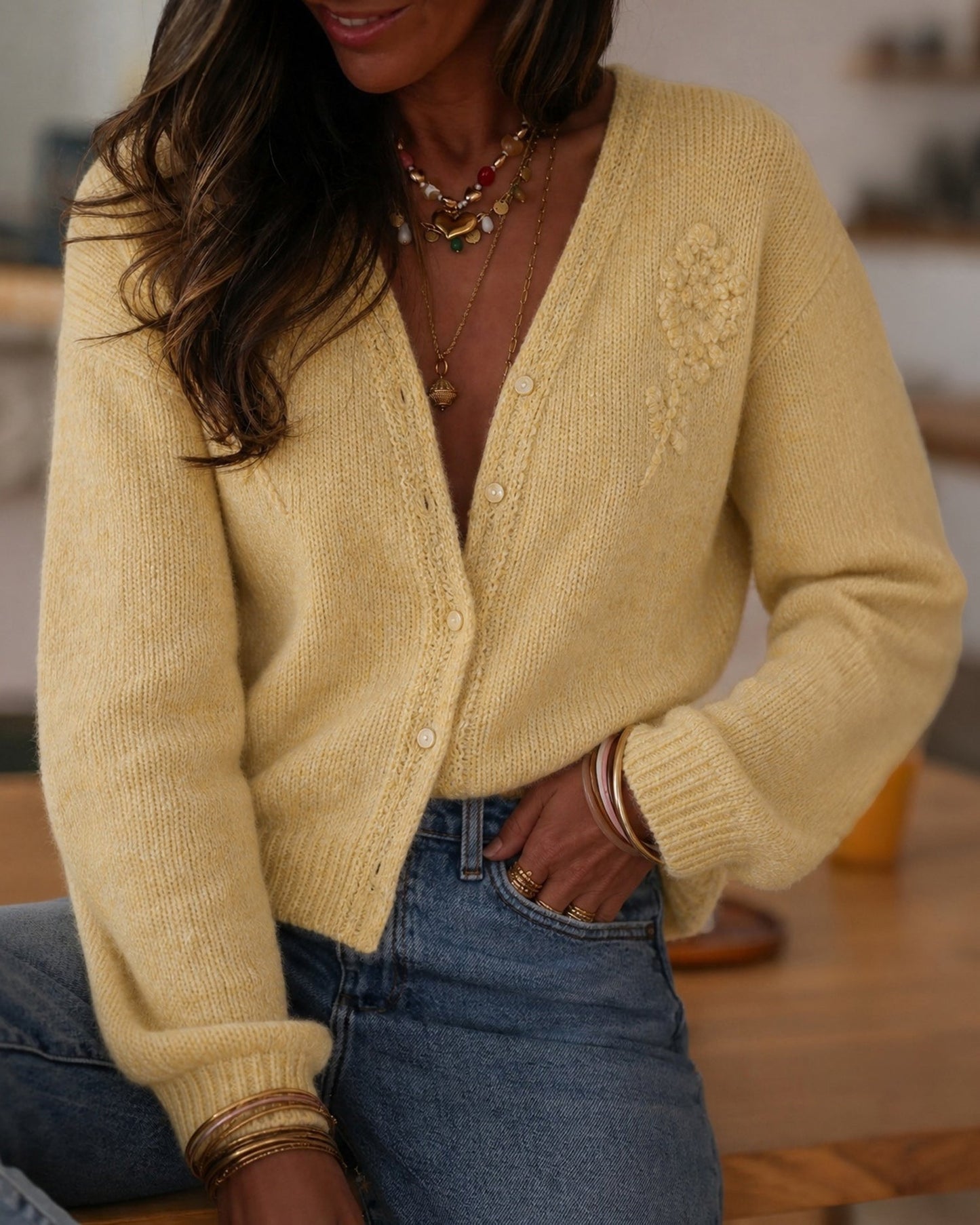 Yellow Floral V-Neck Button Knit Cardigan - view 3