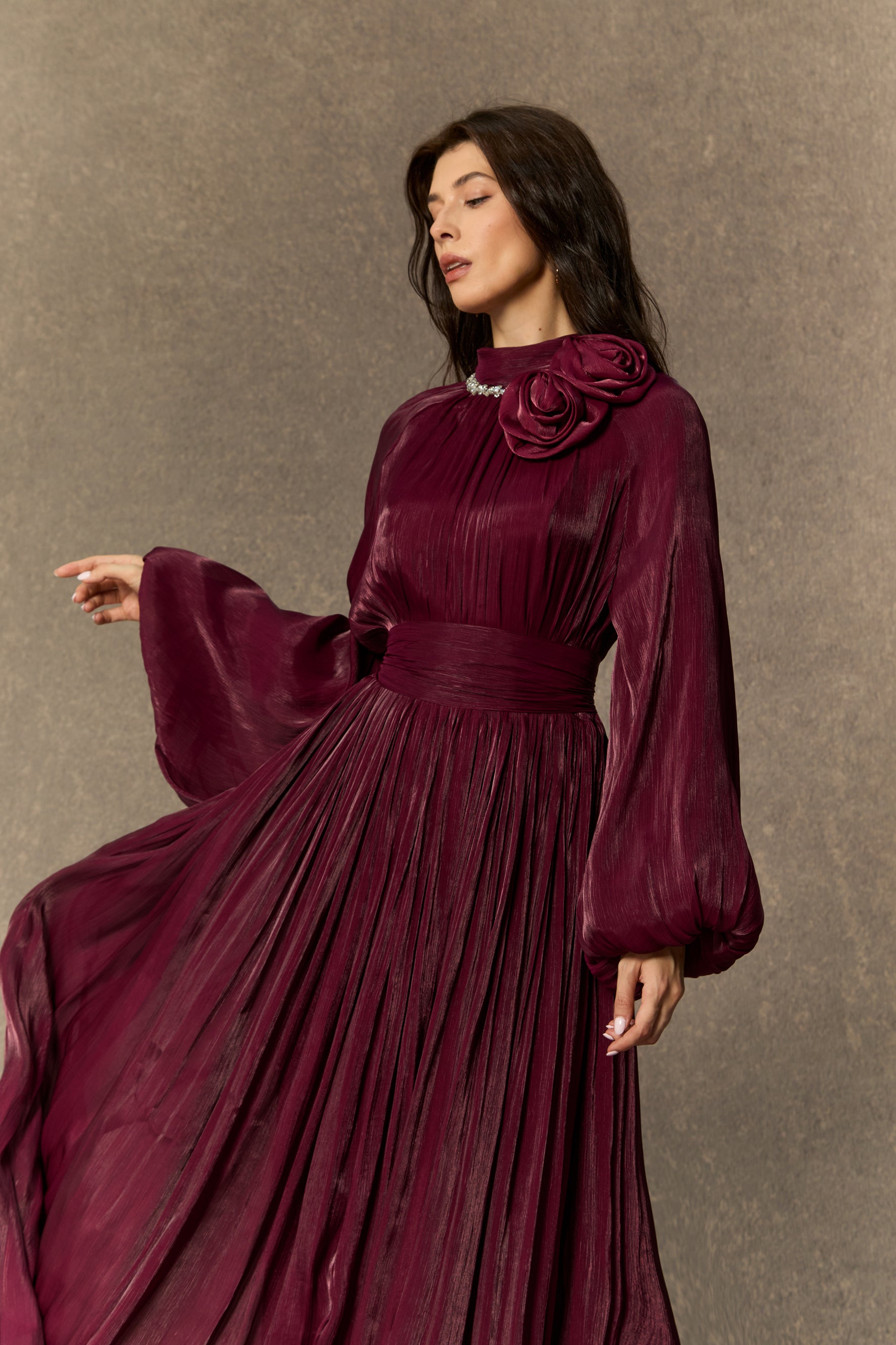 Maxi dress with pearl-trimmed collar and rosette brooches - view 3