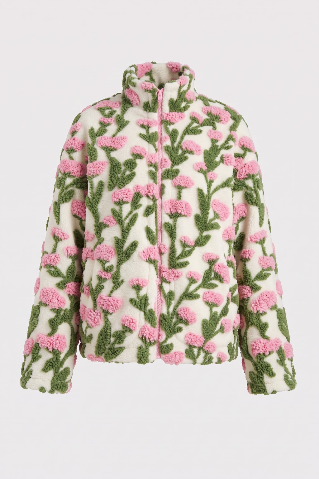 Oversized cream sherpa fleece jacket with raised pink and green floral tufting and a stand collar