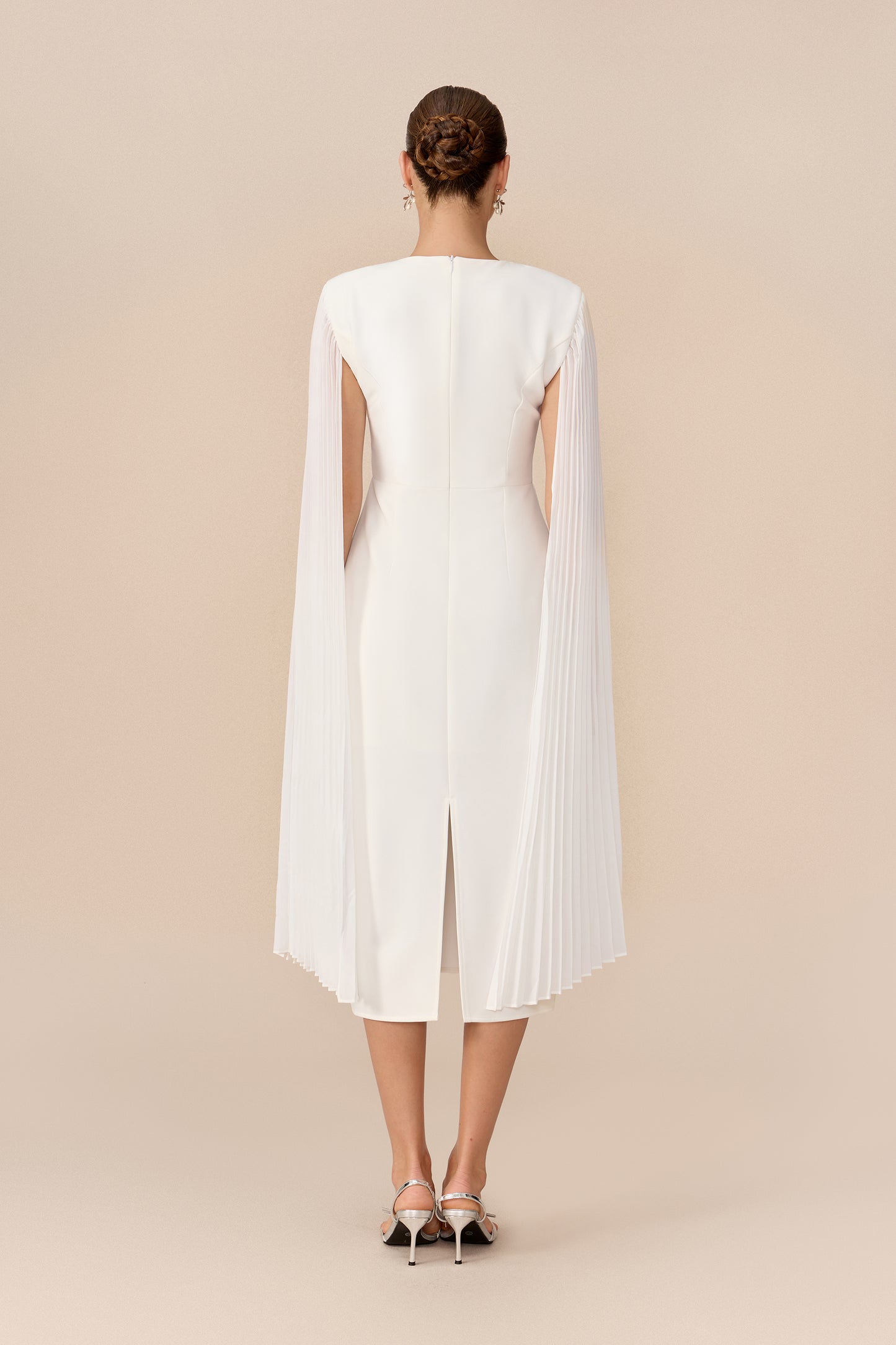 White pleated cape sleeve midi dress - view 5