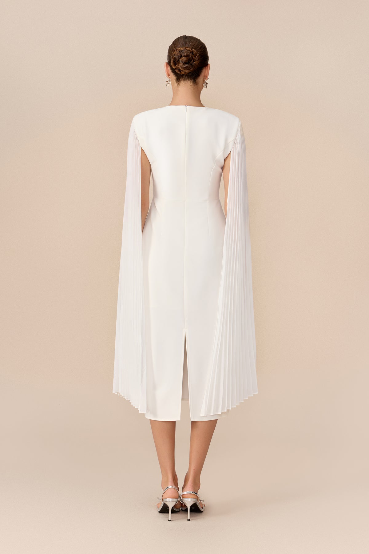White pleated cape sleeve midi dress - view 5
