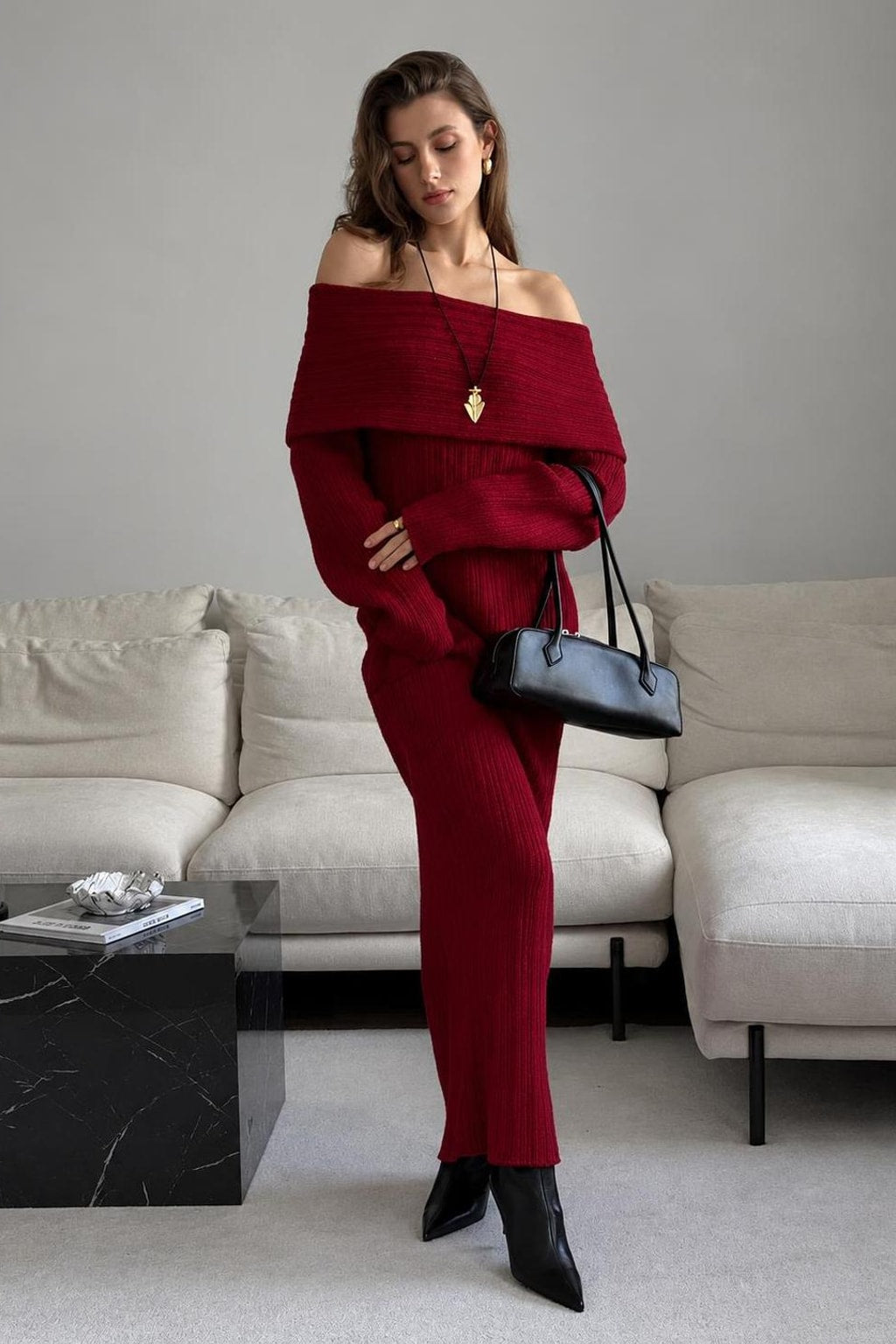 Fluid Maxi Dress With Off Shoulder Neckline - 5