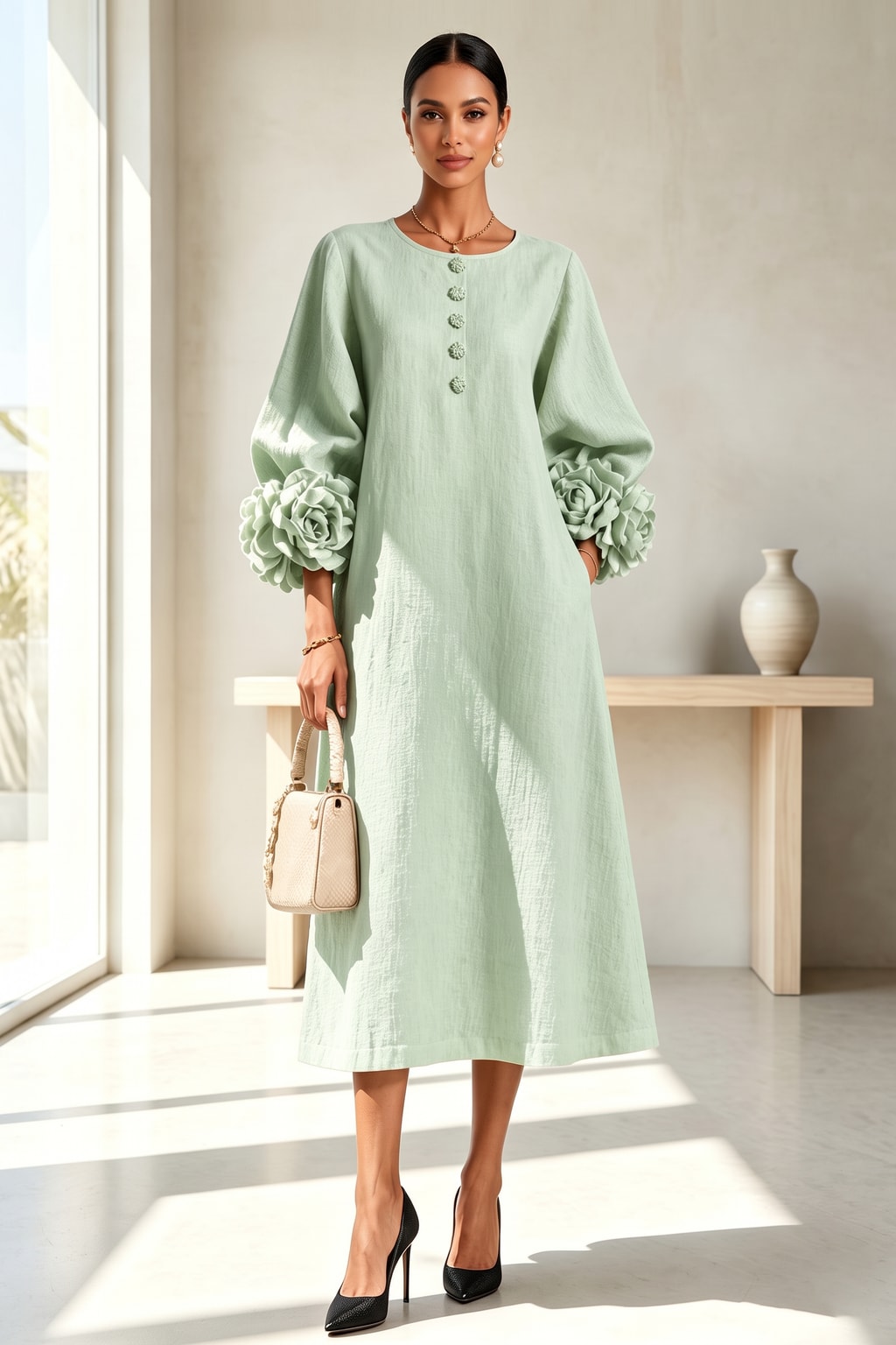 Linen Blend Midi Dress With Button-Down Front - 10
