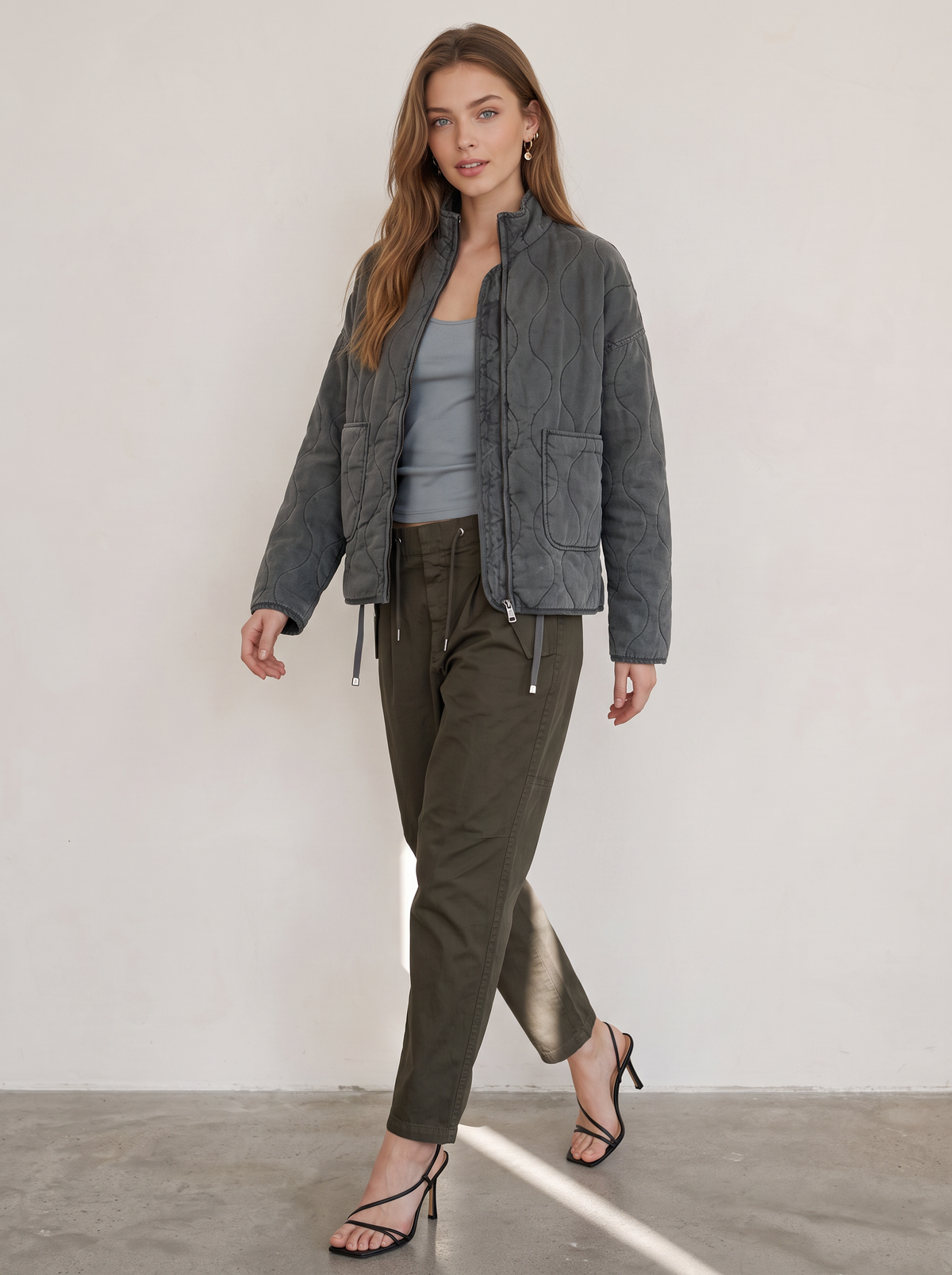 Quilted zip-up jacket with drawstring waist - view 3