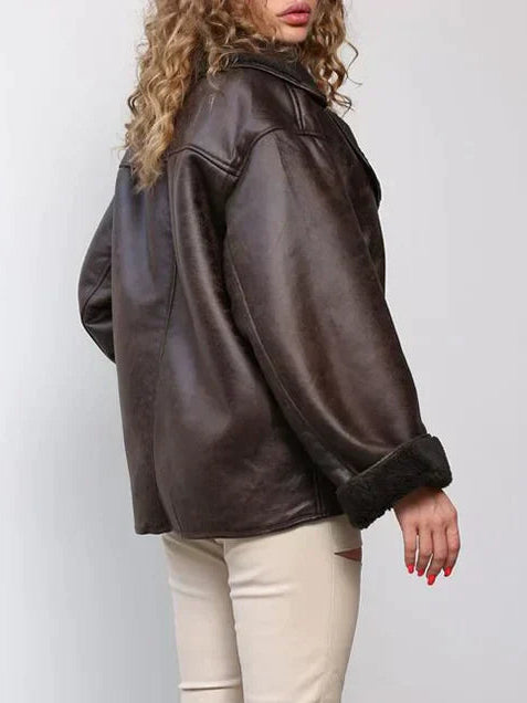 Brown Oversized Collarless Leather Jacket - view 4