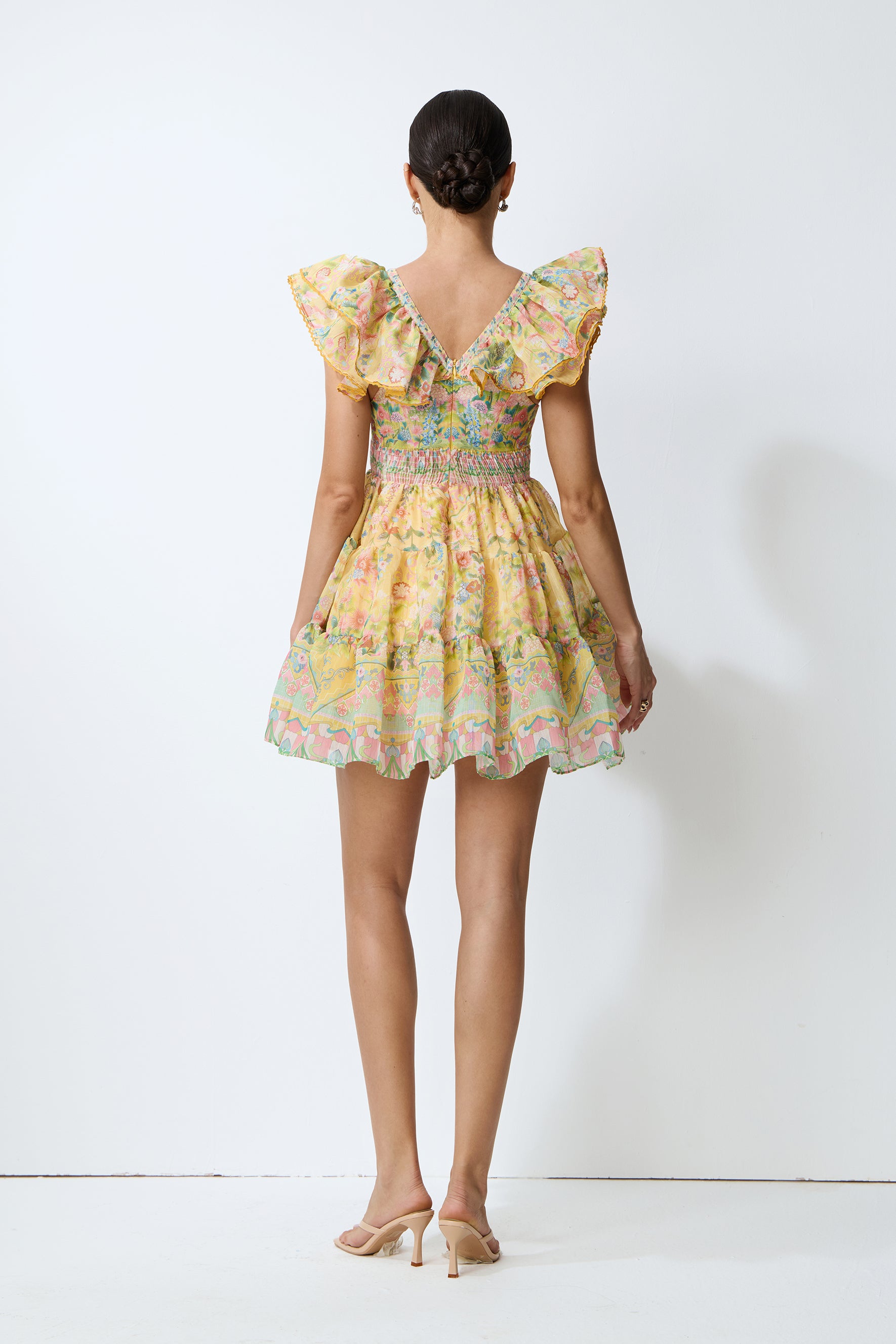 Yellow floral mini dress with ruffle trim - view 4