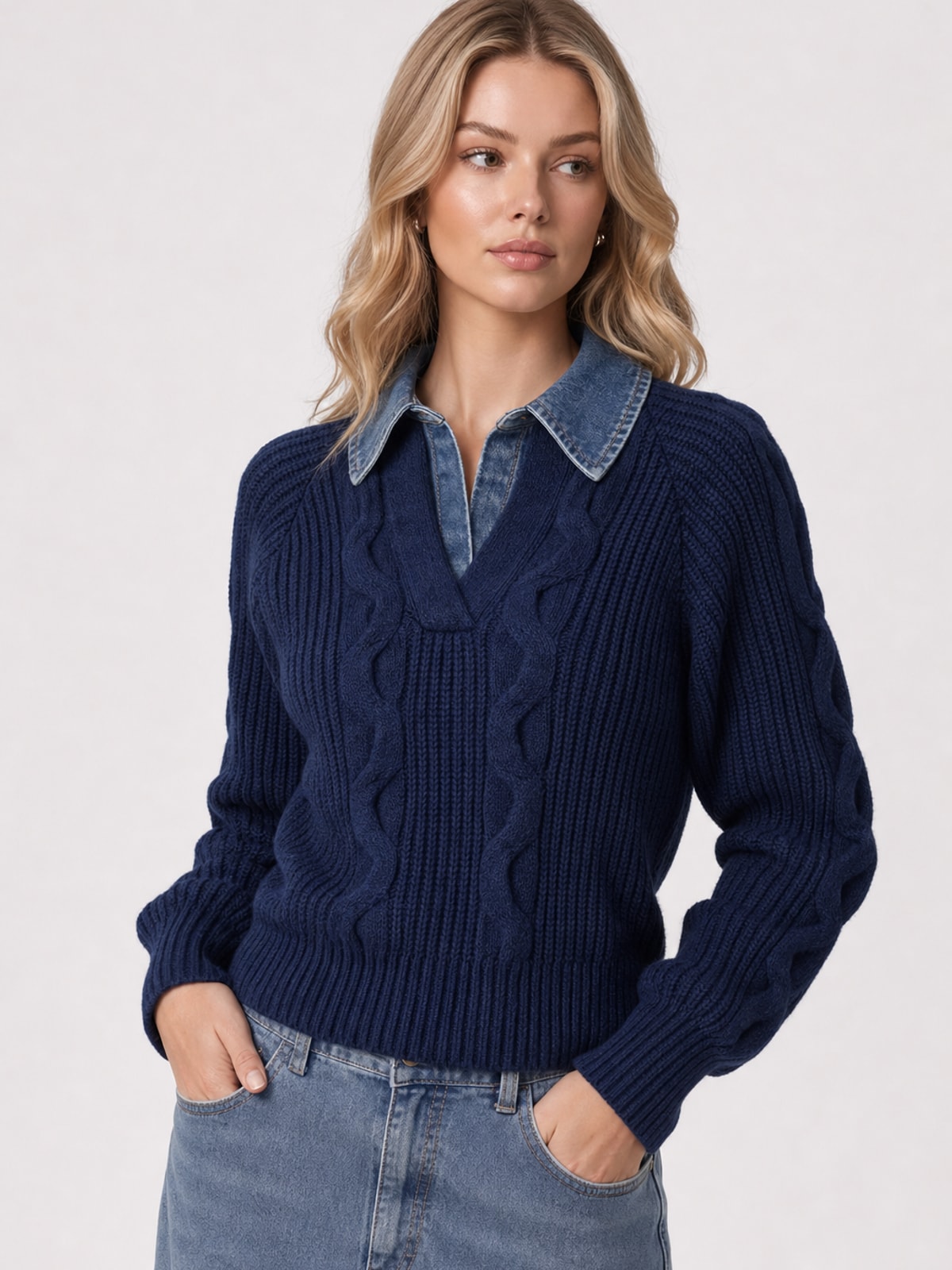 Denim Panel Sweater With Ribbed Lapel - 7