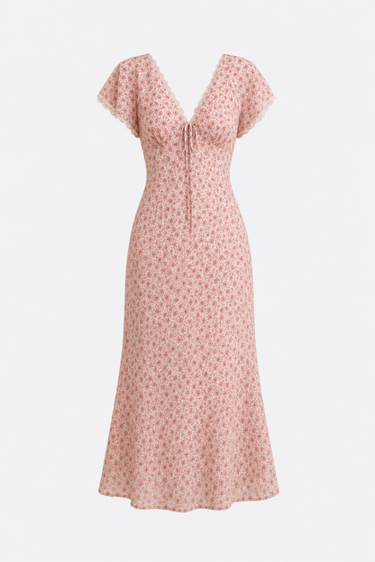 Pink Floral Lace Mermaid Midi Dress