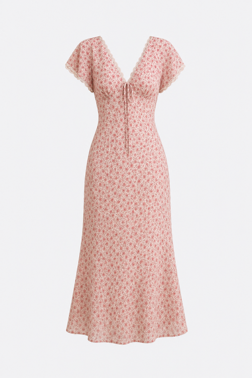 Pink Floral Lace Mermaid Midi Dress