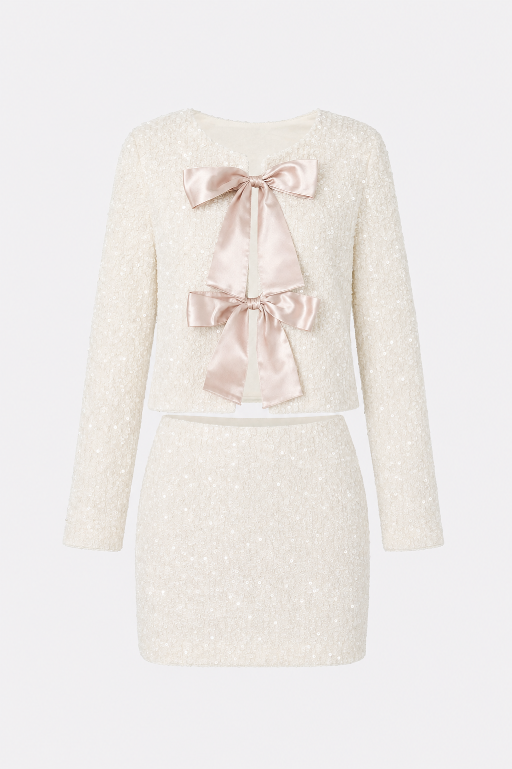 Sequin jacket and skirt set with bow detail