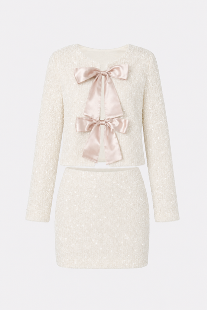 Sequin jacket and skirt set with bow detail