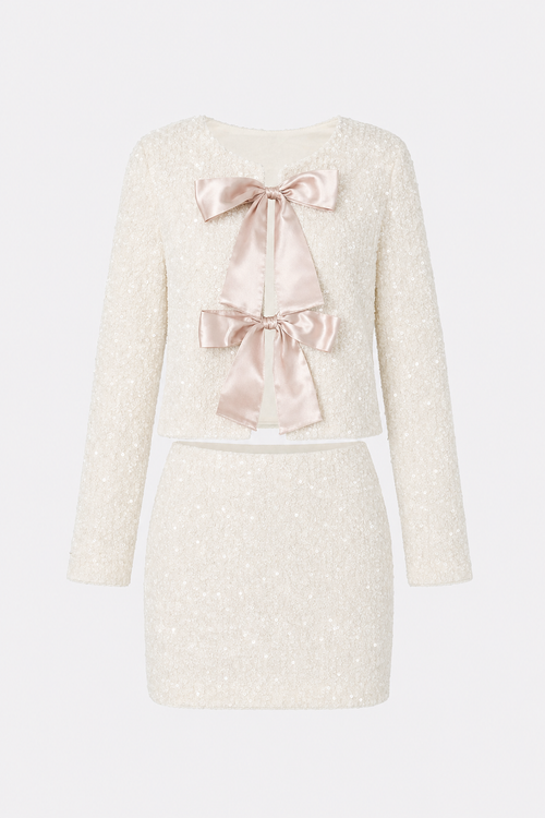 Sequin jacket and skirt set with bow detail